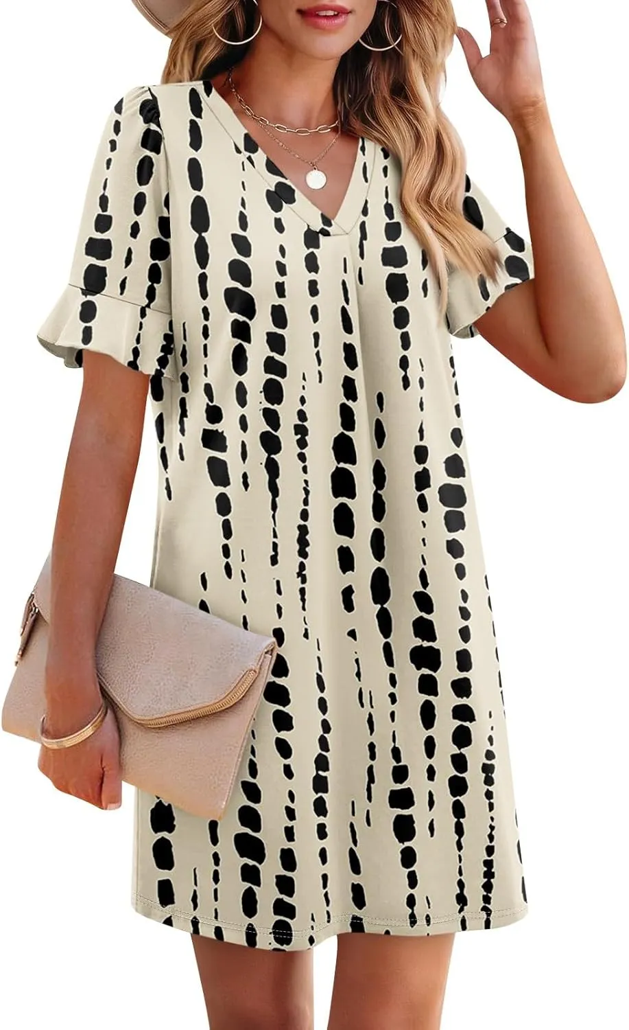 Plus Size Easter Dresses for Curvy Women Summer Loose Shift Ruffle V Neck Short Sleeve Beach Dress with Pockets
