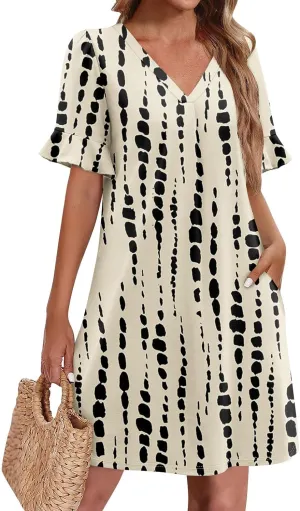 Plus Size Easter Dresses for Curvy Women Summer Loose Shift Ruffle V Neck Short Sleeve Beach Dress with Pockets