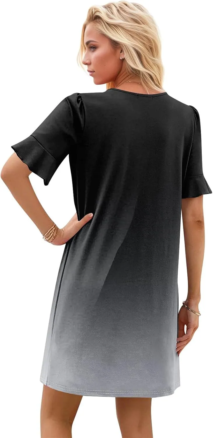 Plus Size Easter Dresses for Curvy Women Summer Loose Shift Ruffle V Neck Short Sleeve Beach Dress with Pockets