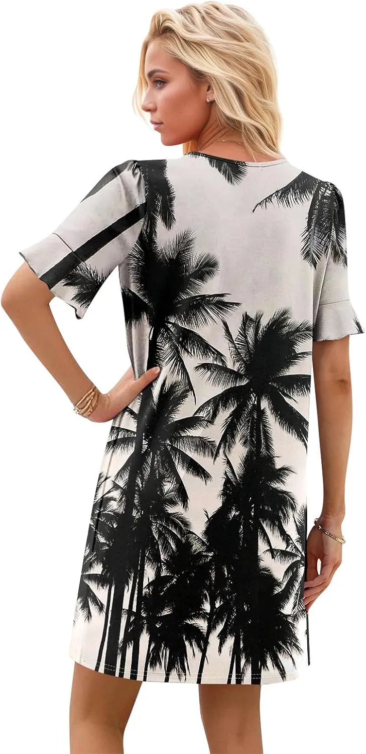 Plus Size Easter Dresses for Curvy Women Summer Loose Shift Ruffle V Neck Short Sleeve Beach Dress with Pockets