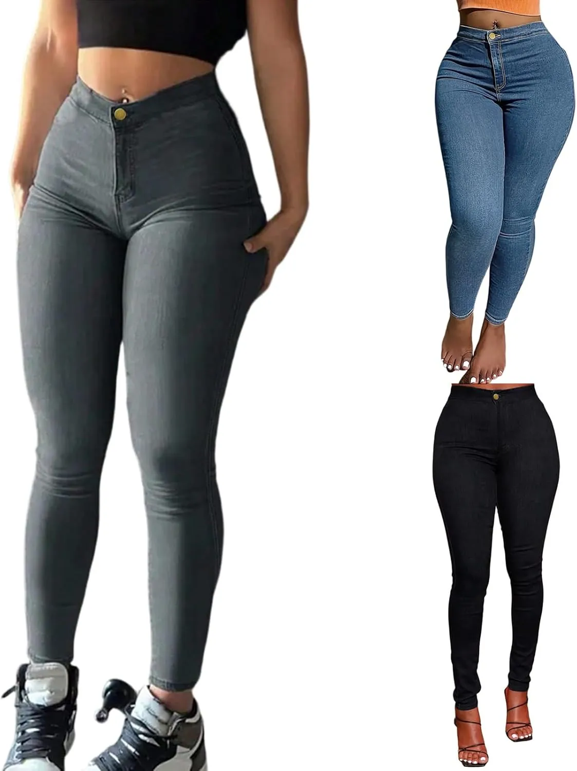 Plus Size Jeans for Curvy Women Summer Casual Stretch High Waisted Skinny Button Beach Denim Ankle Jeans with Pockets