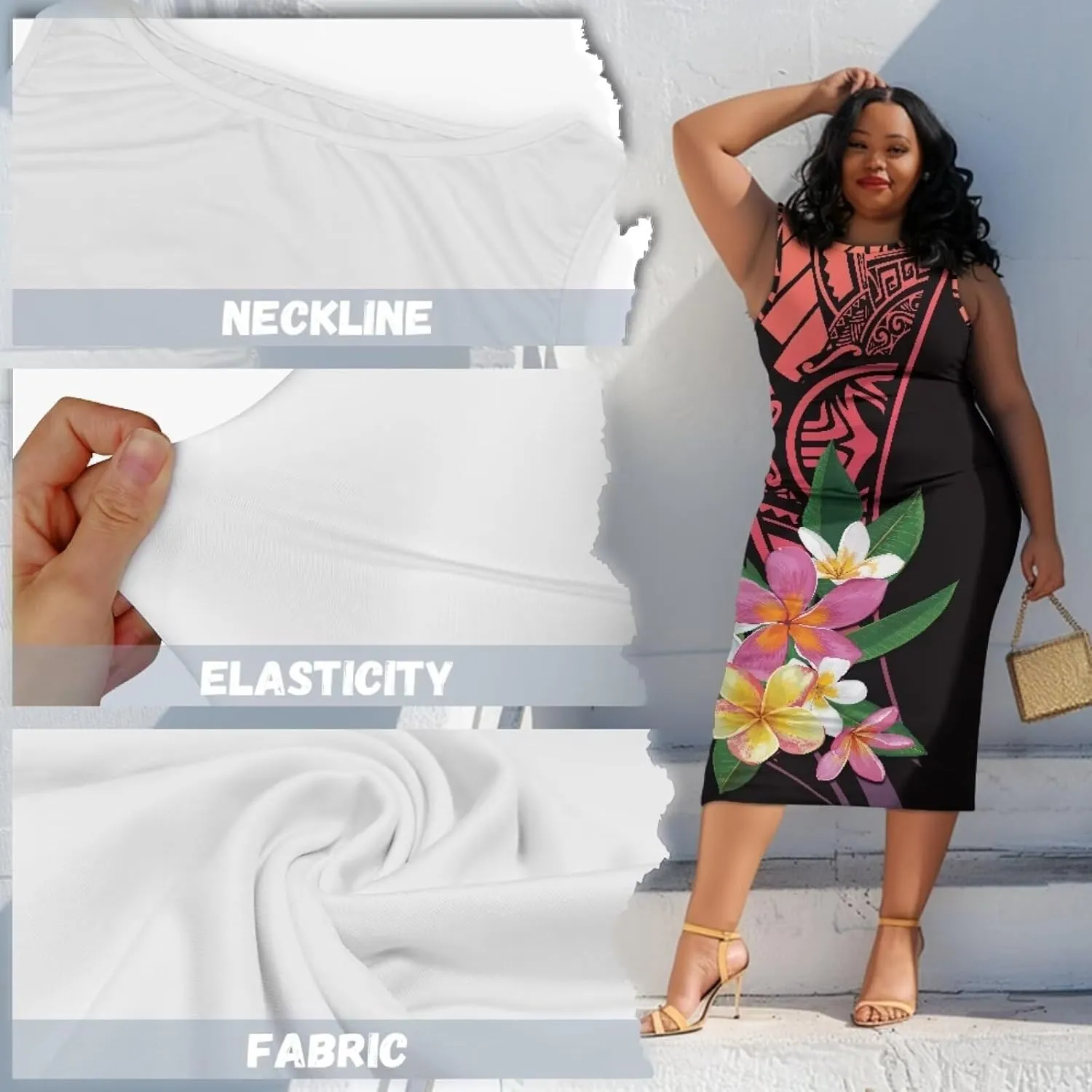 Plus Size Polynesian Dress for Women Casual Sleeveless Midi Dress Hawaii Crewneck Wrap Dress Shift Dress