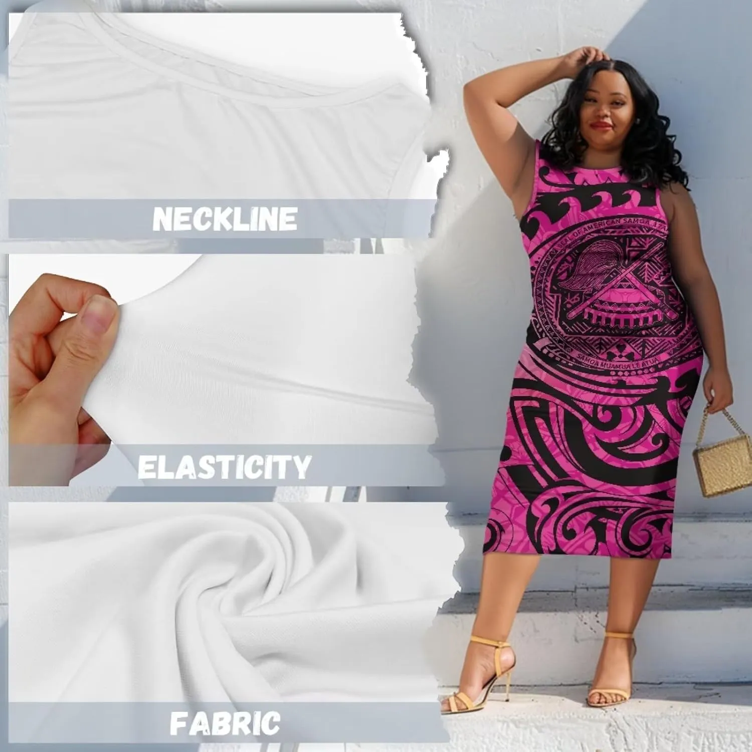 Plus Size Polynesian Dress for Women Casual Sleeveless Midi Dress Hawaii Crewneck Wrap Dress Shift Dress