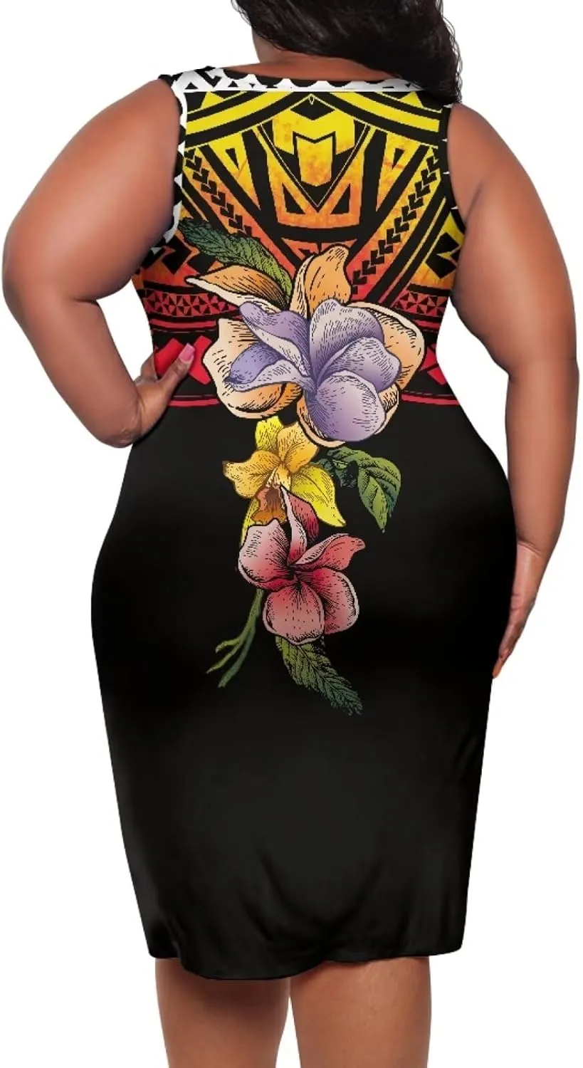 Plus Size Polynesian Dress for Women Casual Sleeveless Midi Dress Hawaii Crewneck Wrap Dress Shift Dress