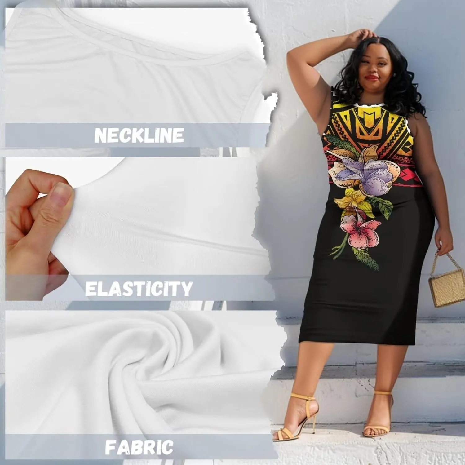 Plus Size Polynesian Dress for Women Casual Sleeveless Midi Dress Hawaii Crewneck Wrap Dress Shift Dress