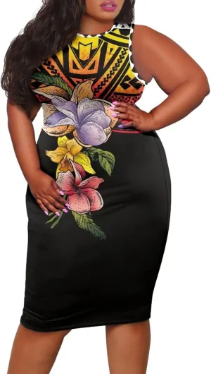 Plus Size Polynesian Dress for Women Casual Sleeveless Midi Dress Hawaii Crewneck Wrap Dress Shift Dress