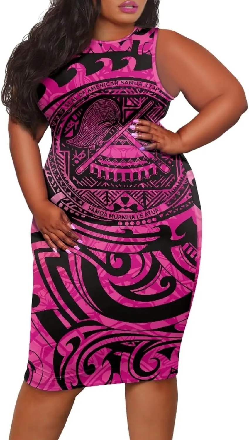 Plus Size Polynesian Dress for Women Casual Sleeveless Midi Dress Hawaii Crewneck Wrap Dress Shift Dress