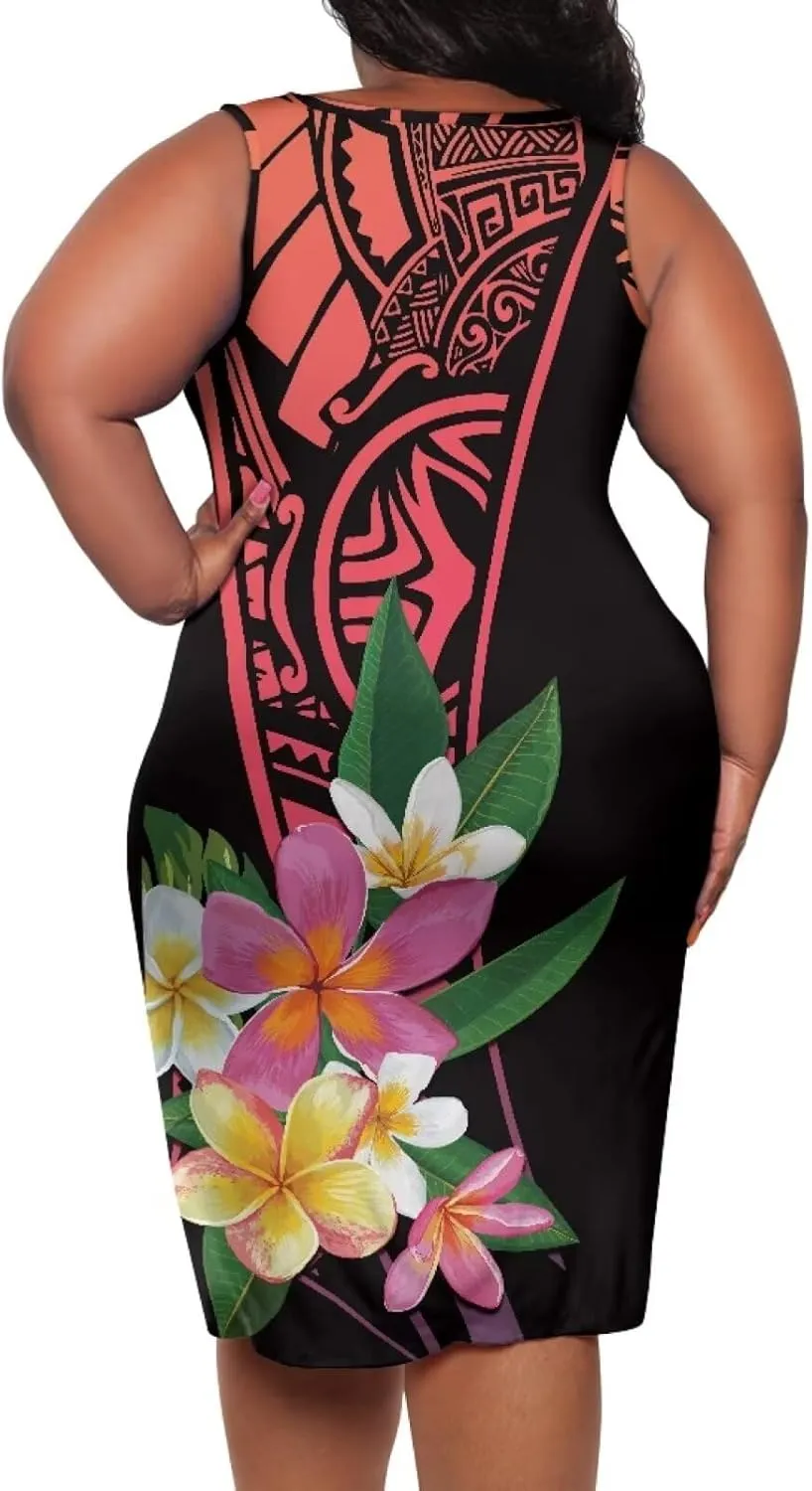 Plus Size Polynesian Dress for Women Casual Sleeveless Midi Dress Hawaii Crewneck Wrap Dress Shift Dress