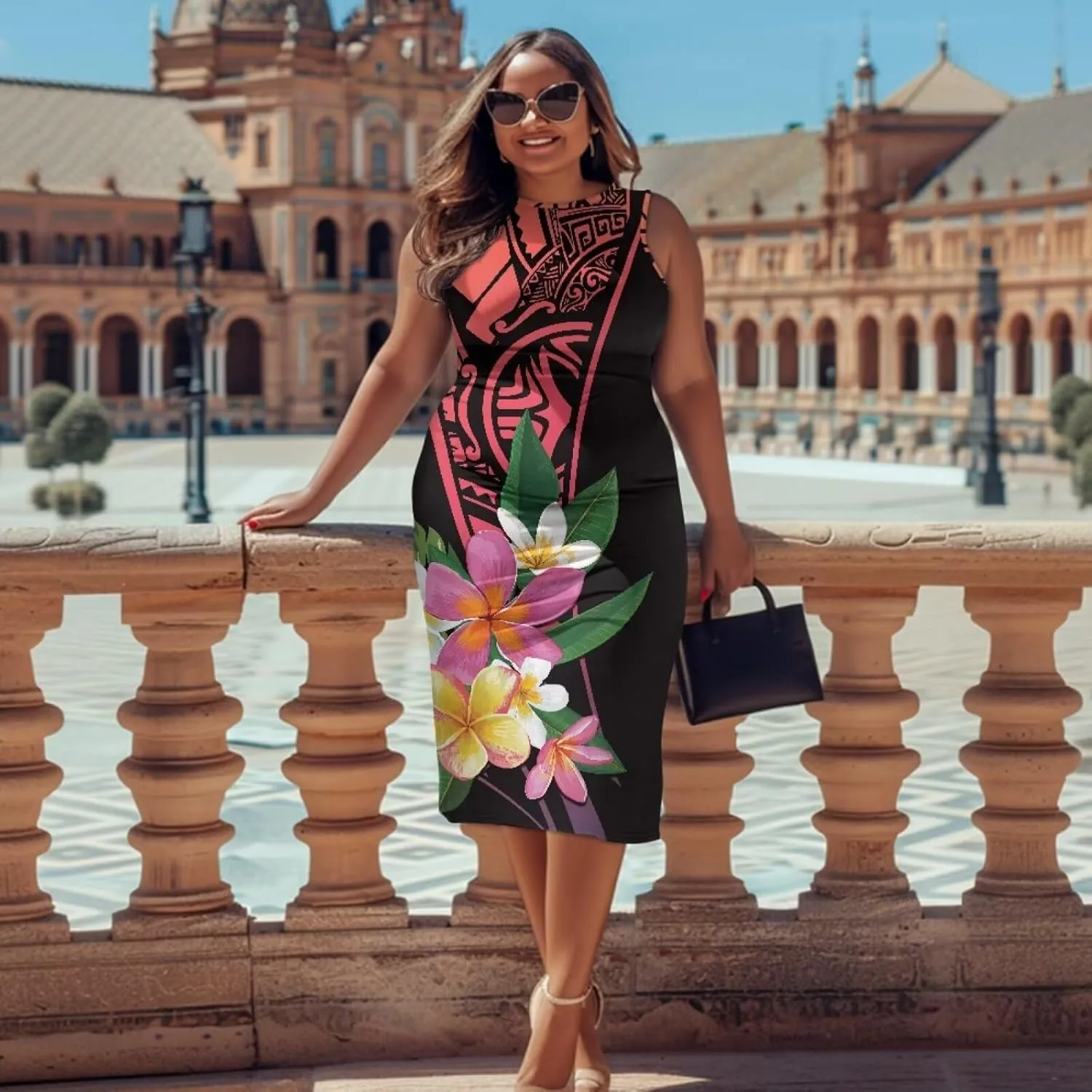 Plus Size Polynesian Dress for Women Casual Sleeveless Midi Dress Hawaii Crewneck Wrap Dress Shift Dress
