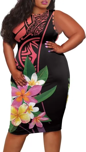 Plus Size Polynesian Dress for Women Casual Sleeveless Midi Dress Hawaii Crewneck Wrap Dress Shift Dress