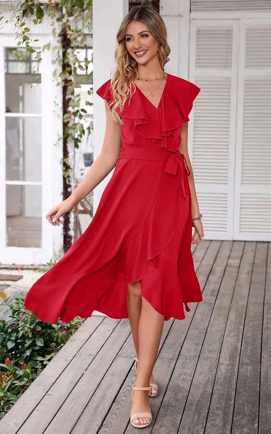 PRETTYGARDEN Women's 2025 Summer Cross Midi Dress Casual Boho Deep V Neck Short Sleeve Ruffle Hem Split Beach Long Dresses