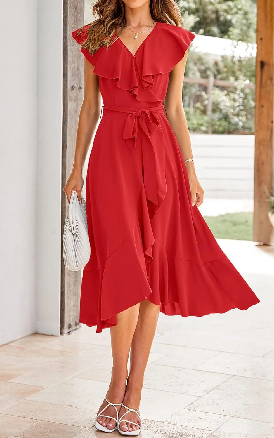 PRETTYGARDEN Women's 2025 Summer Cross Midi Dress Casual Boho Deep V Neck Short Sleeve Ruffle Hem Split Beach Long Dresses