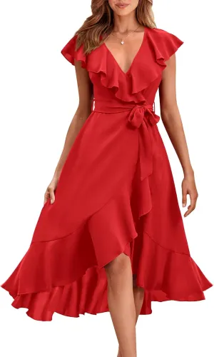 PRETTYGARDEN Women's 2025 Summer Cross Midi Dress Casual Boho Deep V Neck Short Sleeve Ruffle Hem Split Beach Long Dresses