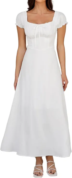 Pure Color Midi Corset Dress Boho Flowy Slit Lace Up Dresses for Women Going Out A Line Casual Sundress Bubble Sleeve