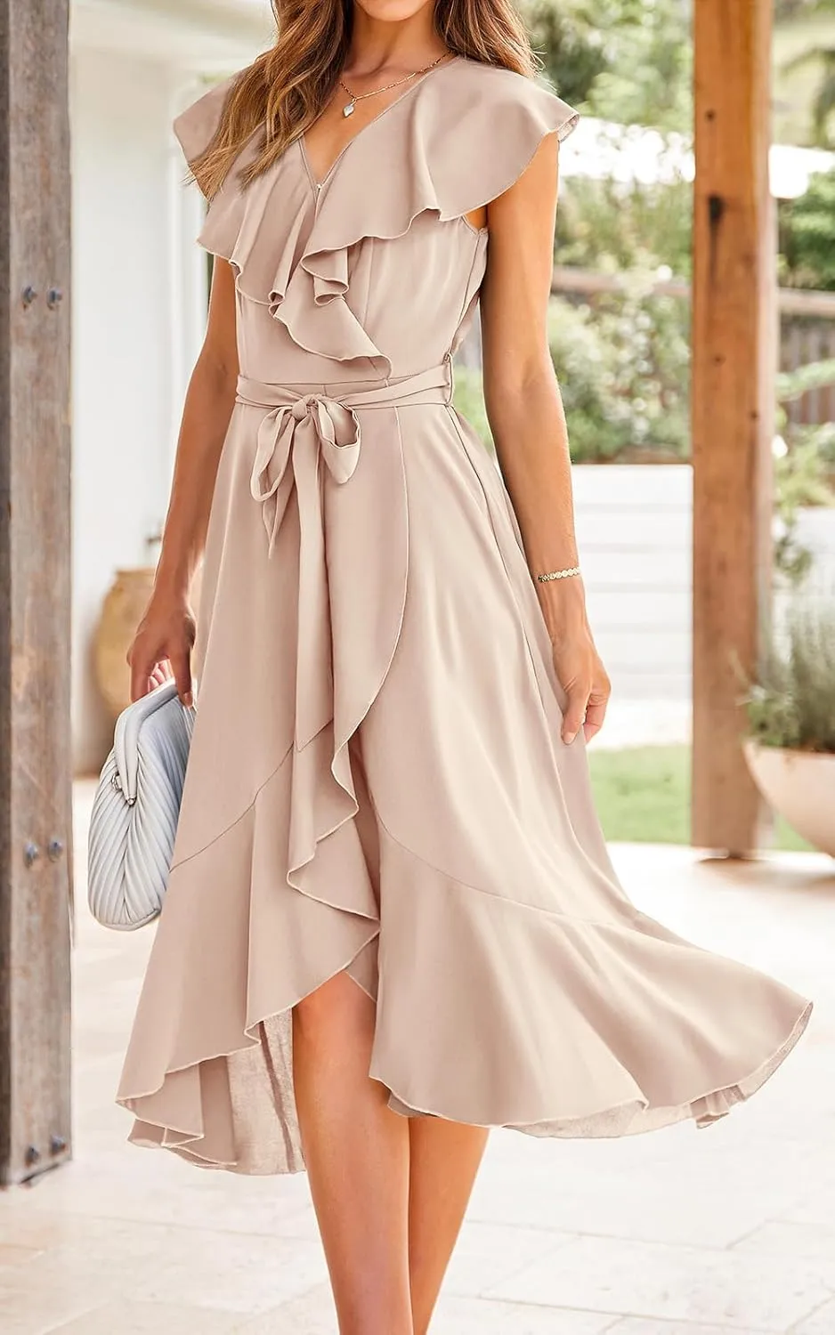 RETTYGARDEN Women's 2025 Summer Cross Midi Dress Casual Boho Deep V Neck Short Sleeve Ruffle Hem Split Beach Long Dresses