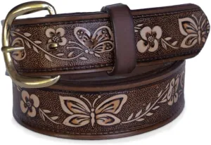 R.G. BULLCO Women's 1-1/2" Premium Leather Belt with Butterfly Embossed Finish & Chrome Buckle - RGB-5517