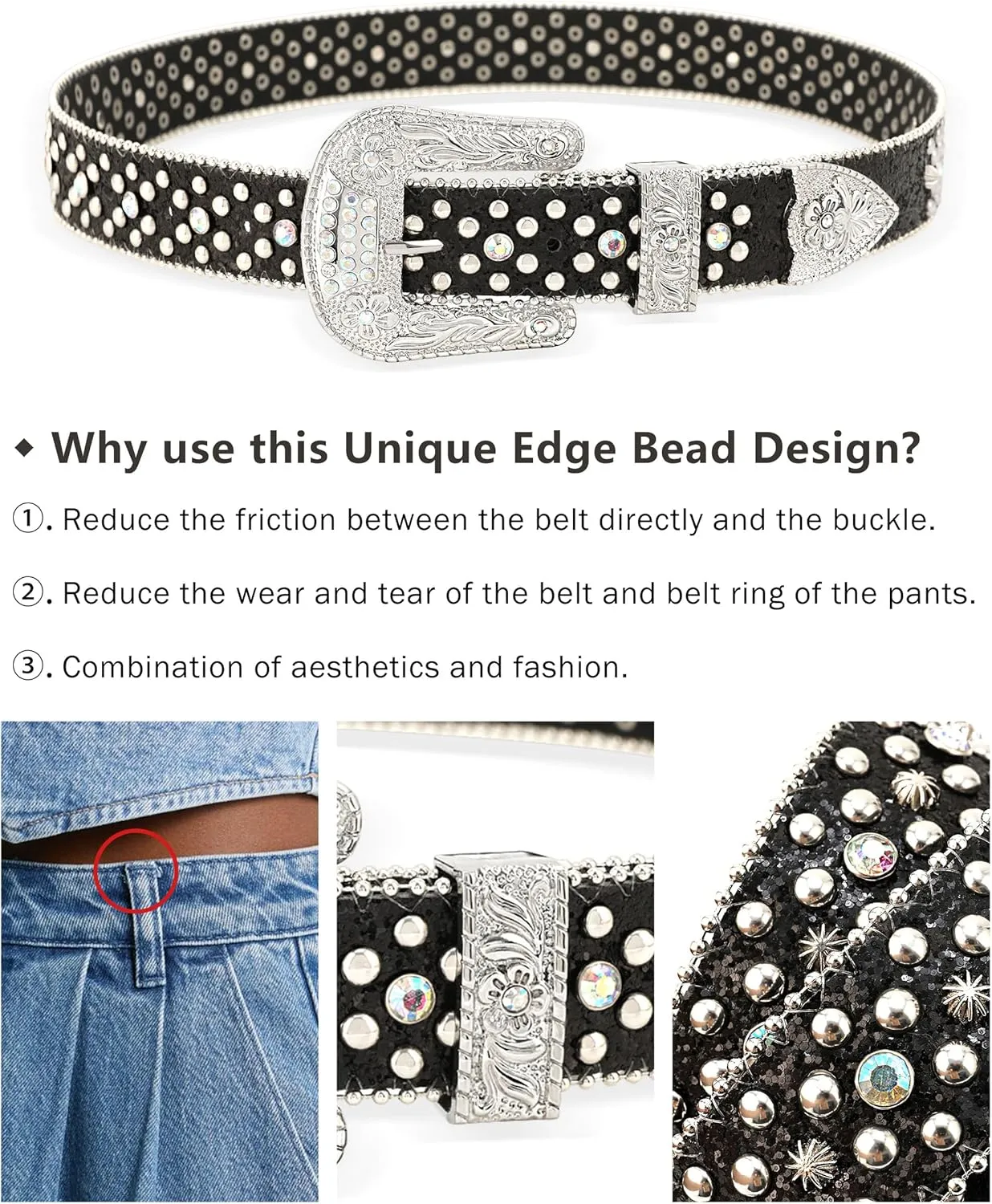 Rhinestone Belts for Women Men, Bling Studded BB Belt for Western Cowboy Cowgirl Sparkly Diamond Bedazzled Leather Belt