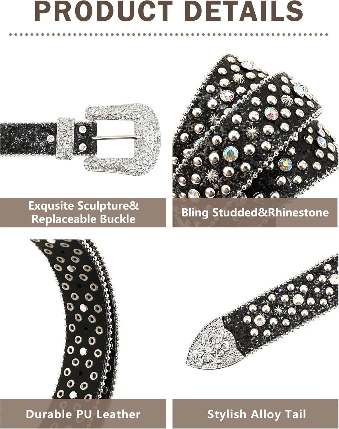 Rhinestone Belts for Women Men, Bling Studded BB Belt for Western Cowboy Cowgirl Sparkly Diamond Bedazzled Leather Belt