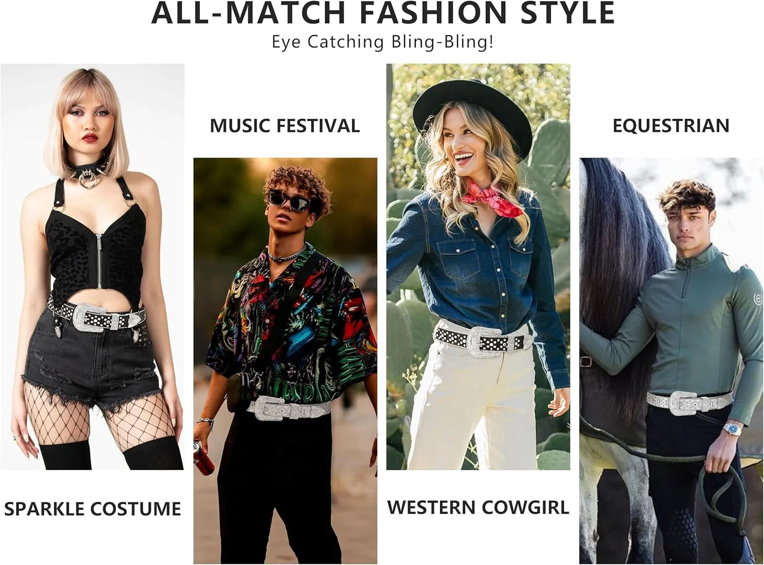 Rhinestone Belts for Women Men, Bling Studded BB Belt for Western Cowboy Cowgirl Sparkly Diamond Bedazzled Leather Belt