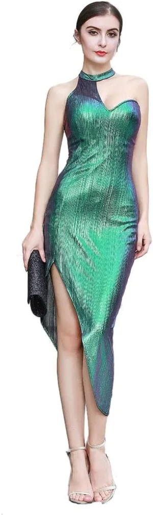 ROYAL SMEELA Party Dresses for Women Evening Bodycon Cocktail Dress Halter Neck Off Shoulder Midi Club Dress Metallic Stylish