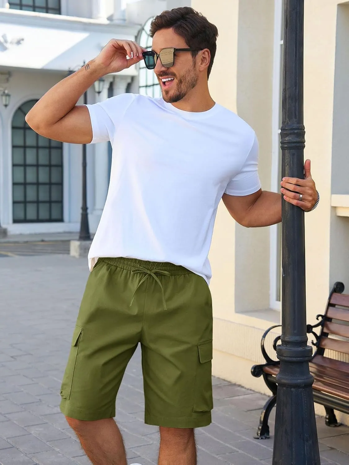 Runcati Mens Cargo Shorts Chino Cotton Drawstring Casual Shorts Summer Twill Outdoor Short Pants