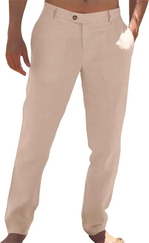 Runcati Mens Casual Pants Elastic Waist Linen Lightweight Straight-Legs Loose Fit Summer Beach Yoga Trousers