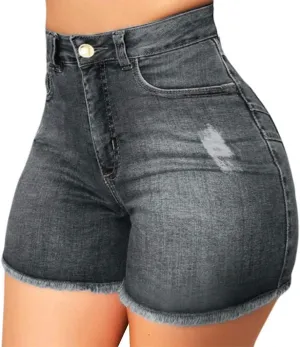 Rvidbe Womens Denim Shorts Teen Girls Casual Summer Comfy Mid Waisted Stretchy Ripped Jean Shorts with Pockets Black Denim Shorts Jean Shorts for Women High Waisted