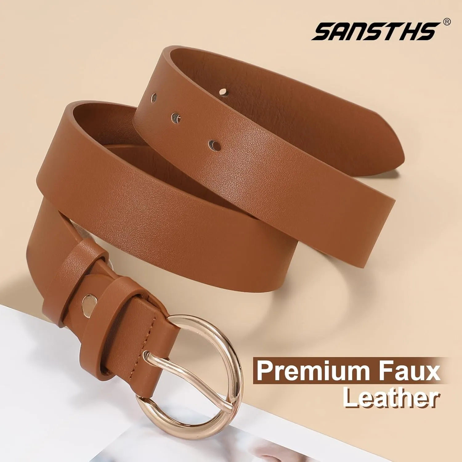 SANSTHS Women Black Casual Leather Belt with Gold Buckle Ladies Dress Belt for Jeans Pants