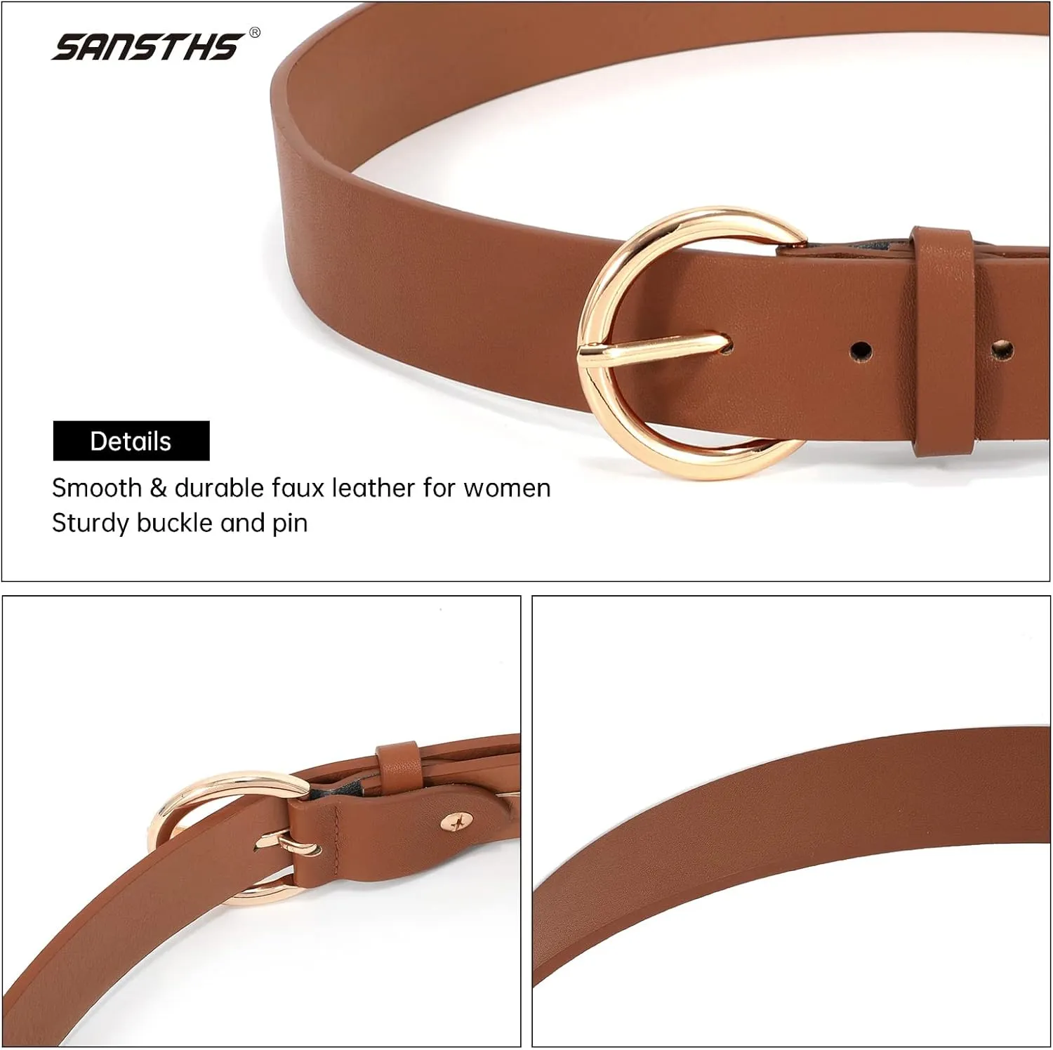 SANSTHS Women Black Casual Leather Belt with Gold Buckle Ladies Dress Belt for Jeans Pants