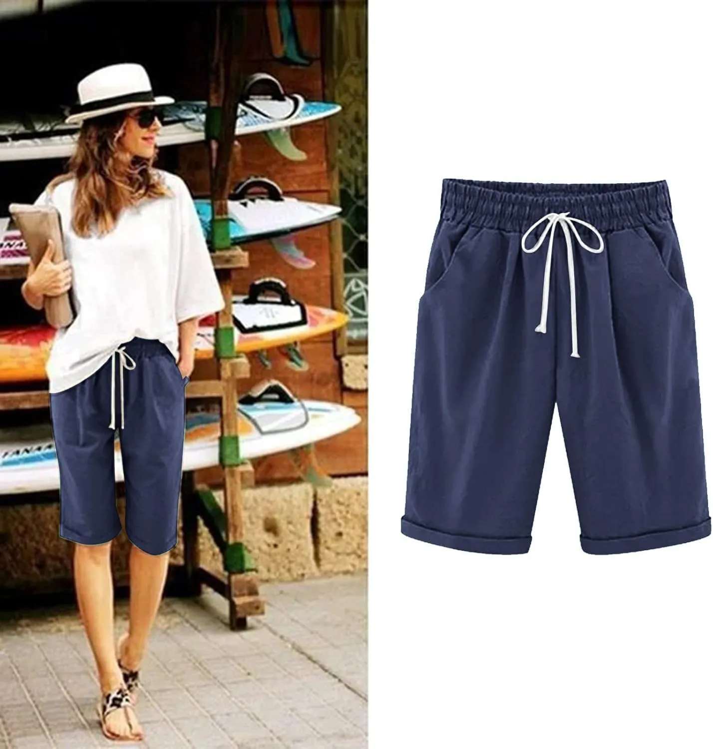 sdbrld Bermuda Shorts for Women Knee Length Casual Summer Drawstring Pull on Beach Shorts Womens Bermuda Shorts with Pockets