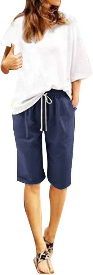 sdbrld Bermuda Shorts for Women Knee Length Casual Summer Drawstring Pull on Beach Shorts Womens Bermuda Shorts with Pockets