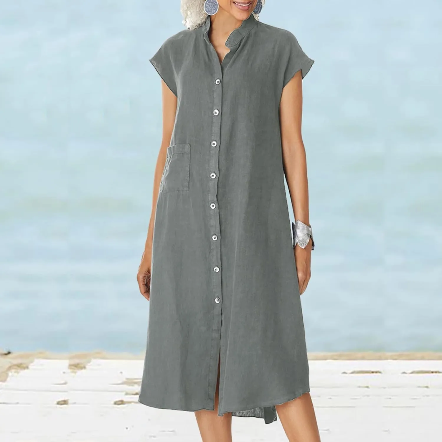 Shirt Dresses for Women Button Down Knee Length Cotton Linen Dress Cover Up Oversized Blouse Tops Flowy Dress Pockets