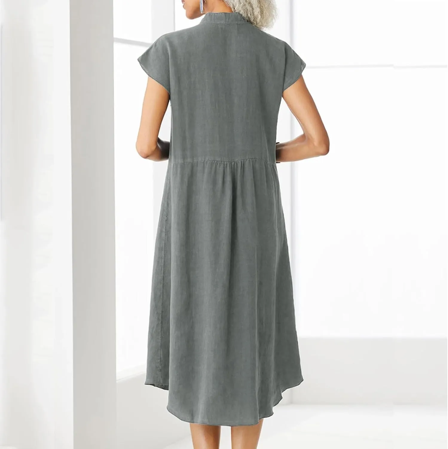 Shirt Dresses for Women Button Down Knee Length Cotton Linen Dress Cover Up Oversized Blouse Tops Flowy Dress Pockets
