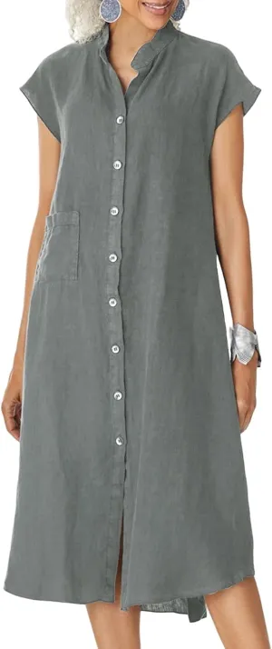 Shirt Dresses for Women Button Down Knee Length Cotton Linen Dress Cover Up Oversized Blouse Tops Flowy Dress Pockets