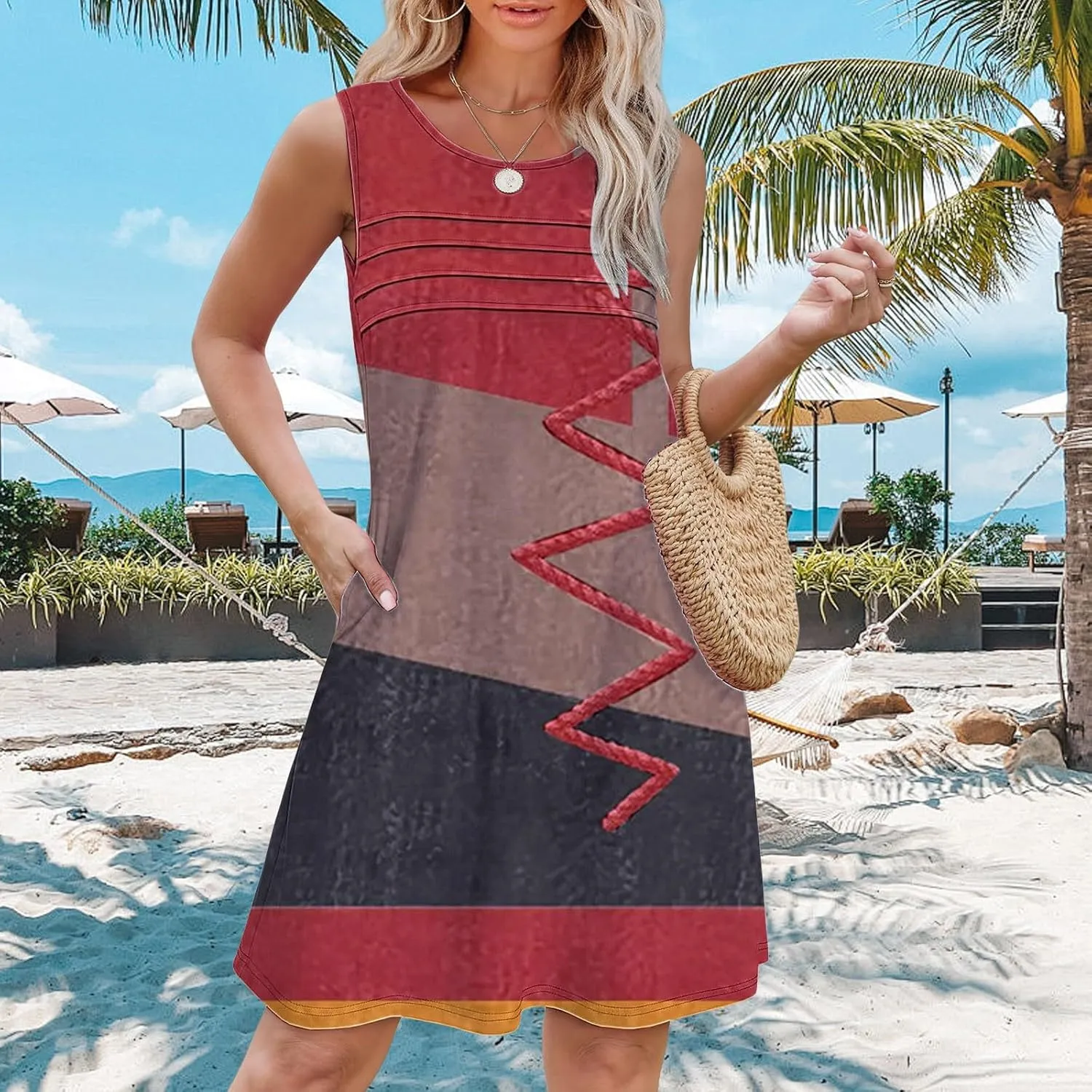 Short Summer Dress Womens with Pockets Summer Casual Tank Dress Sleeveless Midi Beach Dress Plus Size Linen Dress