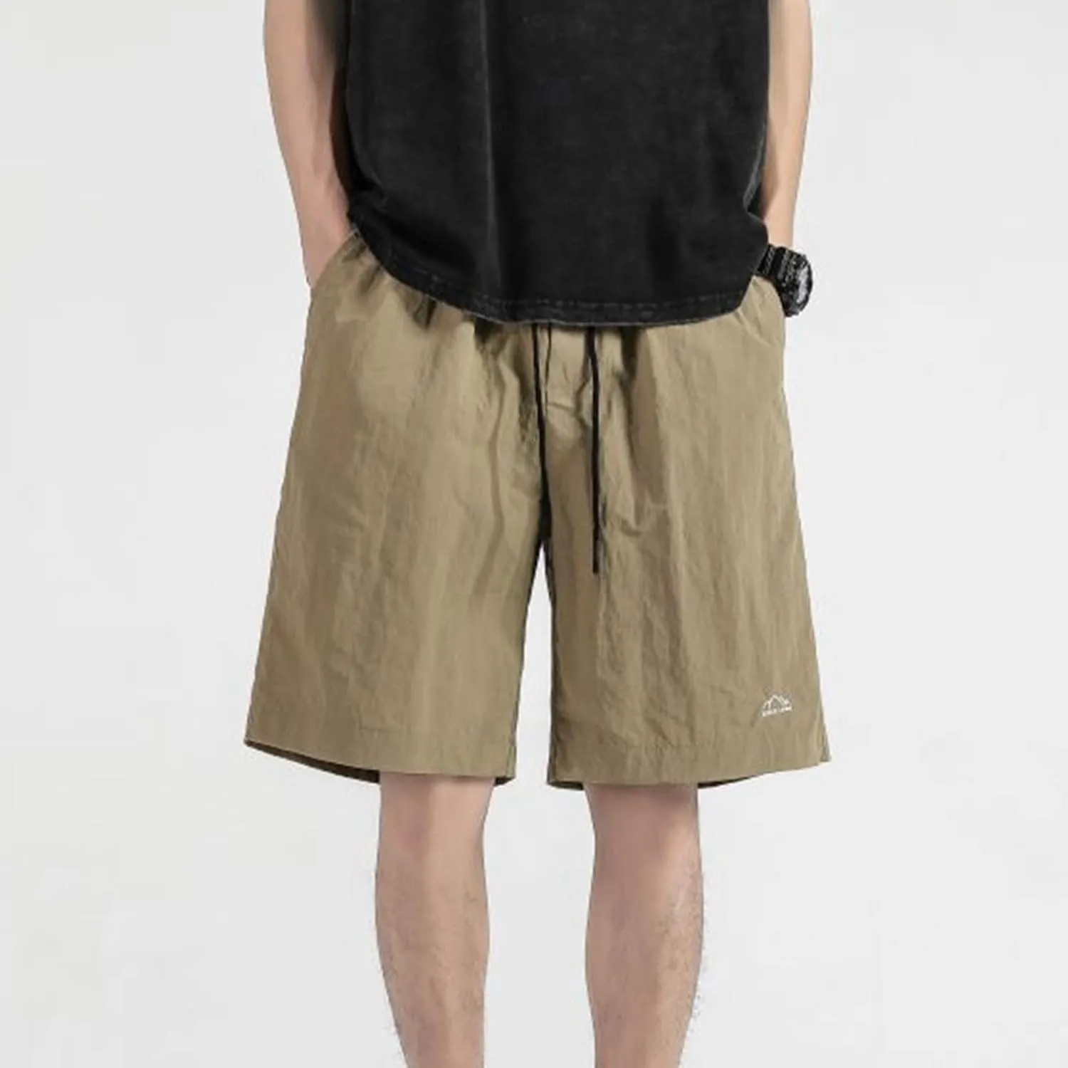 Shorts for Men Summer Embroidered Loose Fit Drawstring Ice Silk 5 Inch Casual Shorts