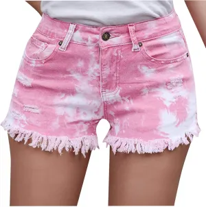 Shorts for Women Jean Shorts Tie Dye Denim Shorts Vintage Distressed Jean Shorts with Frayed Hem and Ripped Details