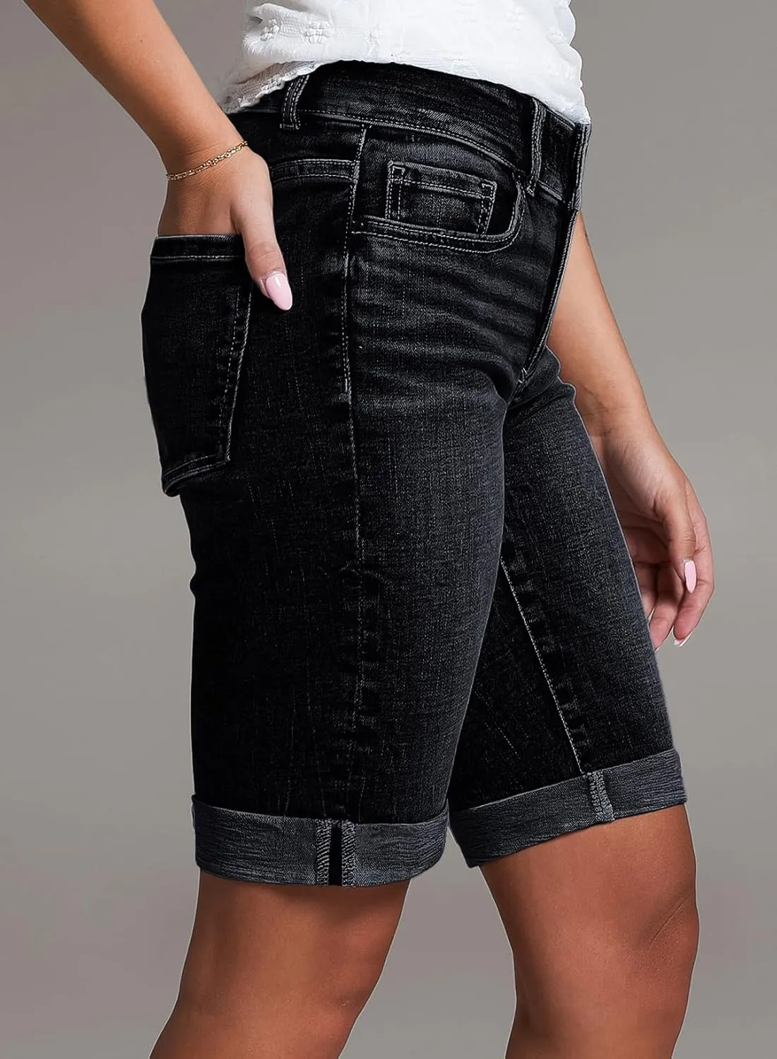 Sidefeel Women's Jean Shorts High Waisted Stretchy Bermuda Folded Hem Denim Summer Shorts