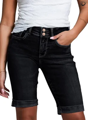 Sidefeel Women's Jean Shorts High Waisted Stretchy Bermuda Folded Hem Denim Summer Shorts