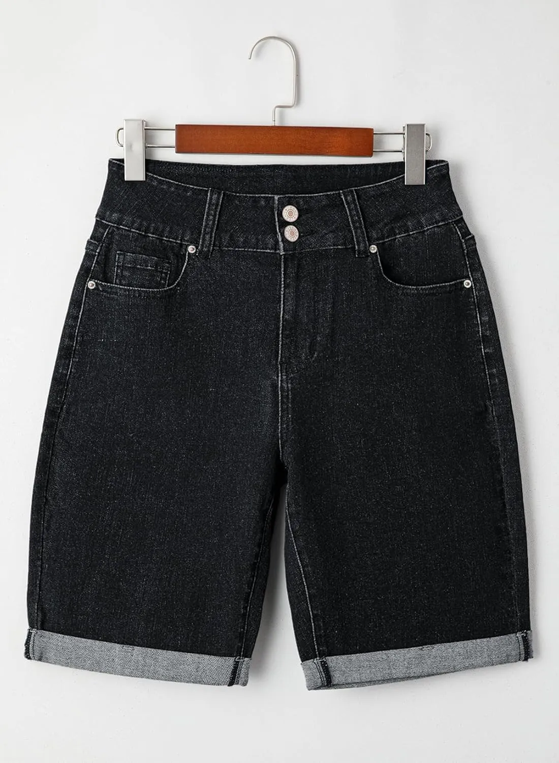 Sidefeel Women's Jean Shorts High Waisted Stretchy Bermuda Folded Hem Denim Summer Shorts