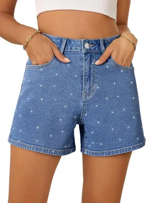 Sidefeel Women's Jean Shorts High Waisted Stretchy Casual Rhinestones Denim Shorts