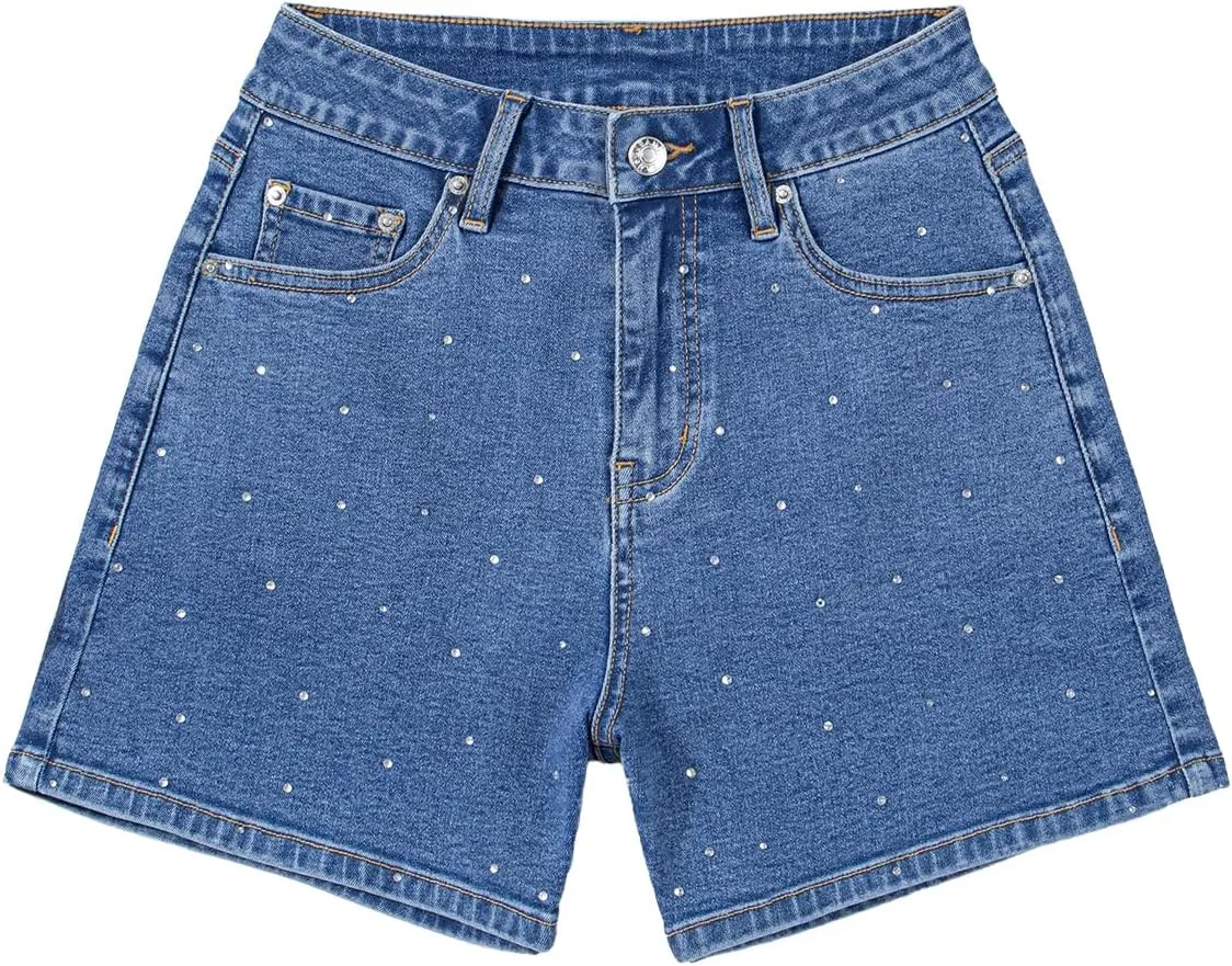 Sidefeel Women's Jean Shorts High Waisted Stretchy Casual Rhinestones Denim Shorts