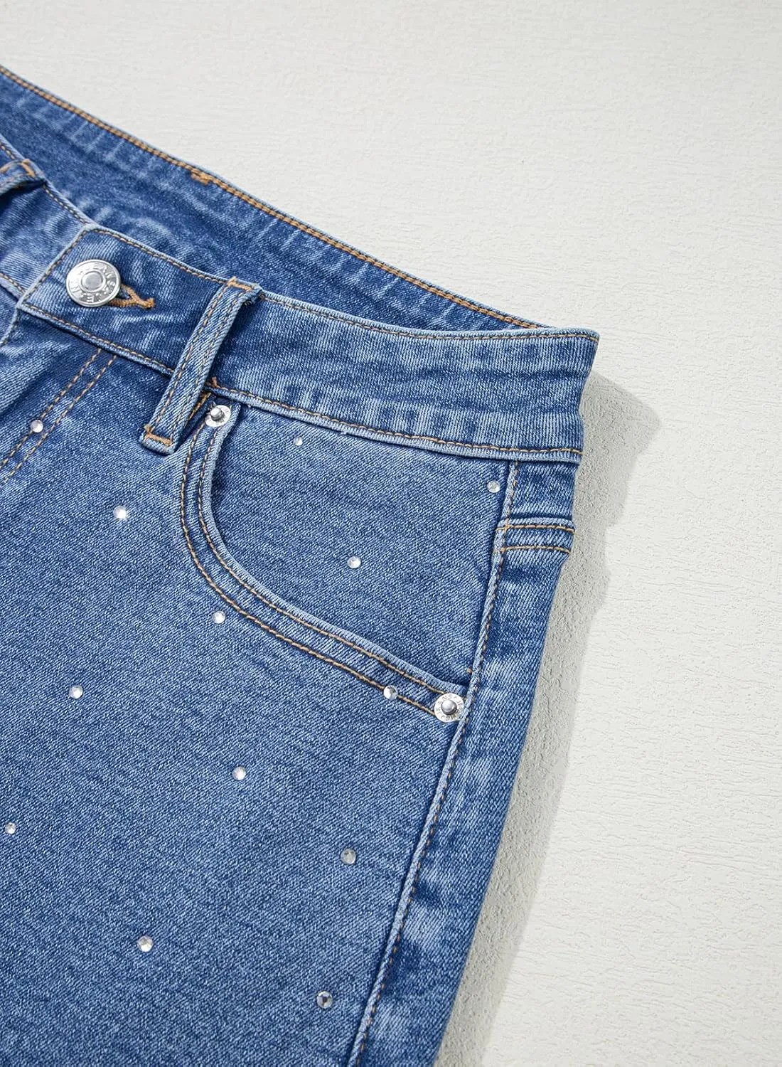 Sidefeel Women's Jean Shorts High Waisted Stretchy Casual Rhinestones Denim Shorts