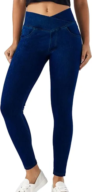 Skinny Stretchy Curvy Jeans for Women High Cross Waisted Tummy Control Jeans with Pockets