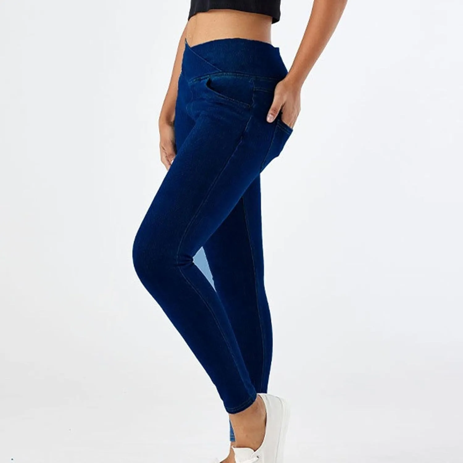 Skinny Stretchy Curvy Jeans for Women High Cross Waisted Tummy Control Jeans with Pockets