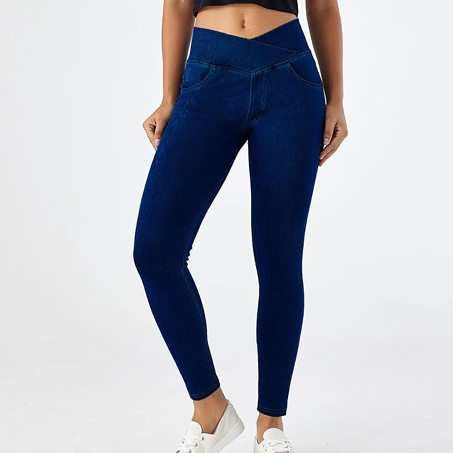 Skinny Stretchy Curvy Jeans for Women High Cross Waisted Tummy Control Jeans with Pockets