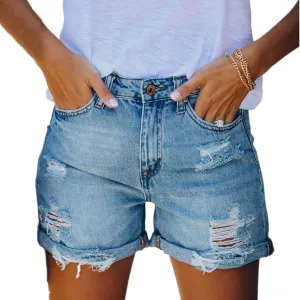 Smoneyful Womens High Rise Ripped Jean Shorts Frayed Raw Hem High Waisted Casual Stretchy Denim Shorts Short Pants Denim Pant
