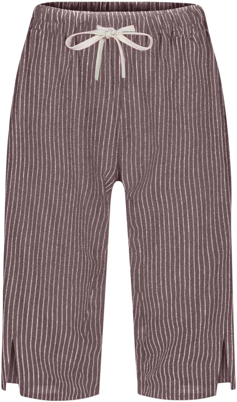 Striped Bermuda Shorts for Women Knee Length High Waisted Linen Summer Long Shorts Casual Loose Capris with Pockets