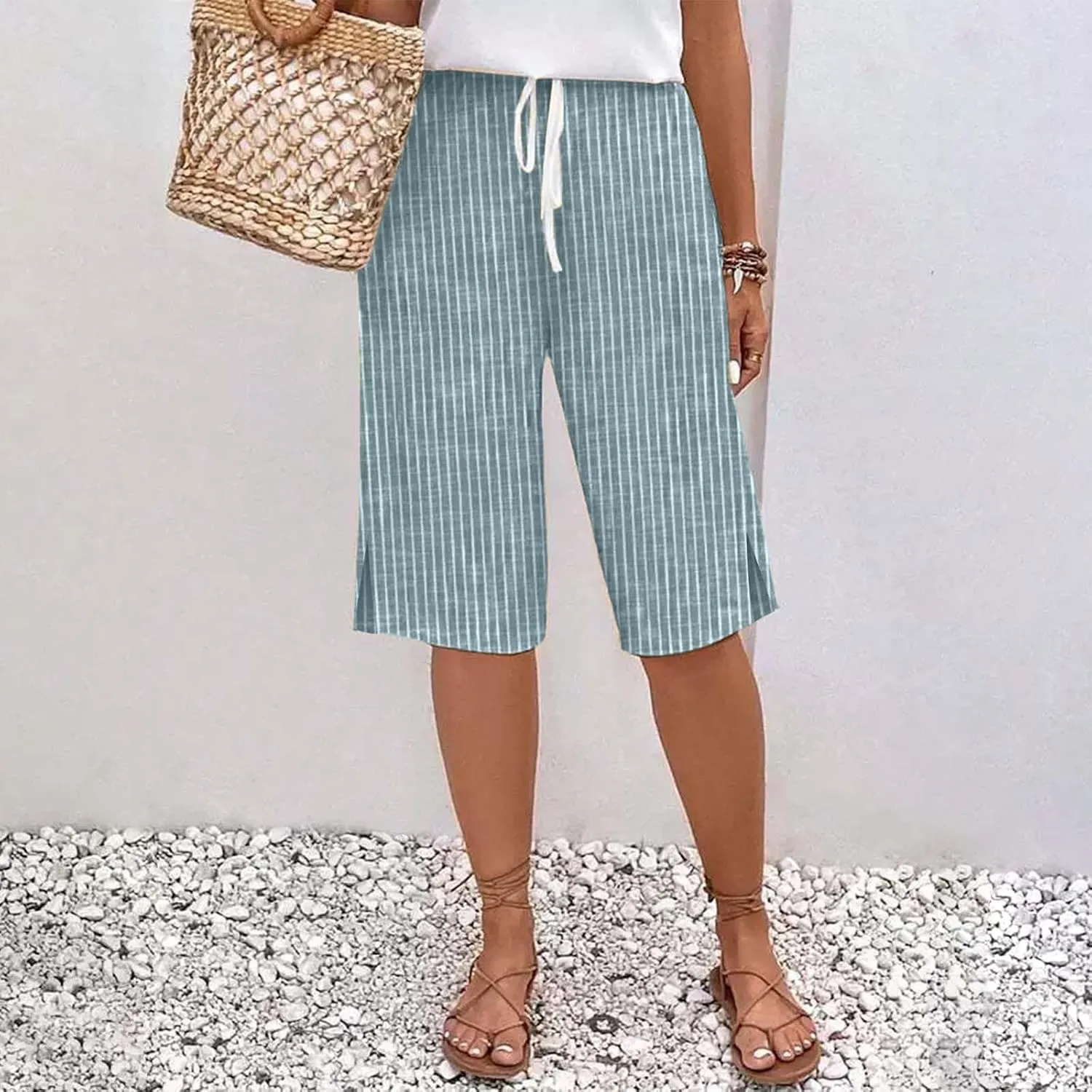 Striped Bermuda Shorts for Women Knee Length High Waisted Linen Summer Long Shorts Casual Loose Capris with Pockets
