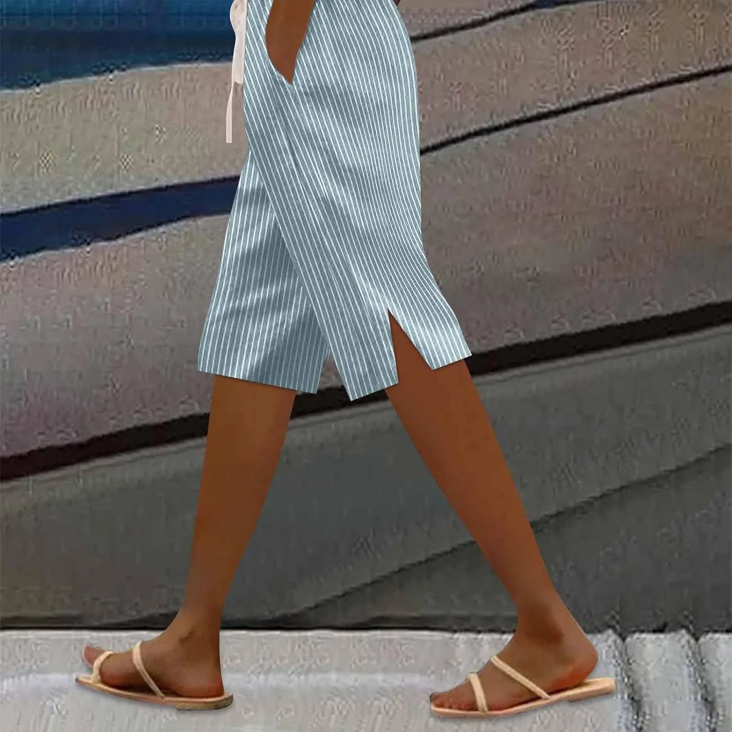 Striped Bermuda Shorts for Women Knee Length High Waisted Linen Summer Long Shorts Casual Loose Capris with Pockets